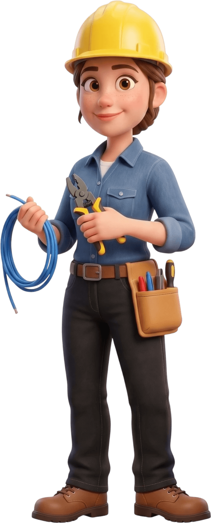 An illustrated electrician in a yellow helmet, holding pliers and a cable.