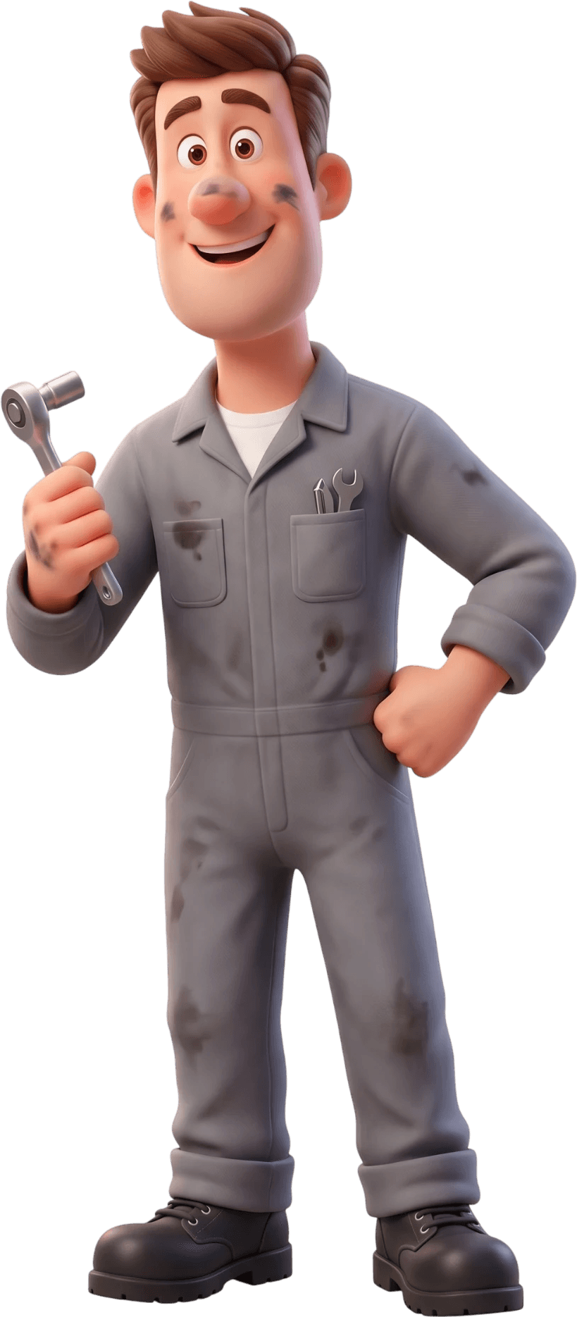 An illustrated mechanic holding a ratchet.