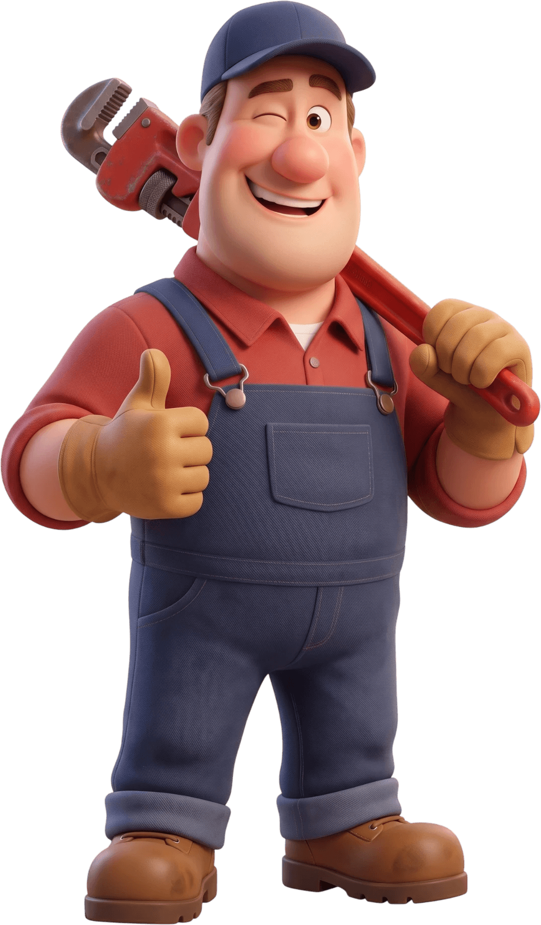An illustrated plumber winking, a pipe wrench on his shoulder.